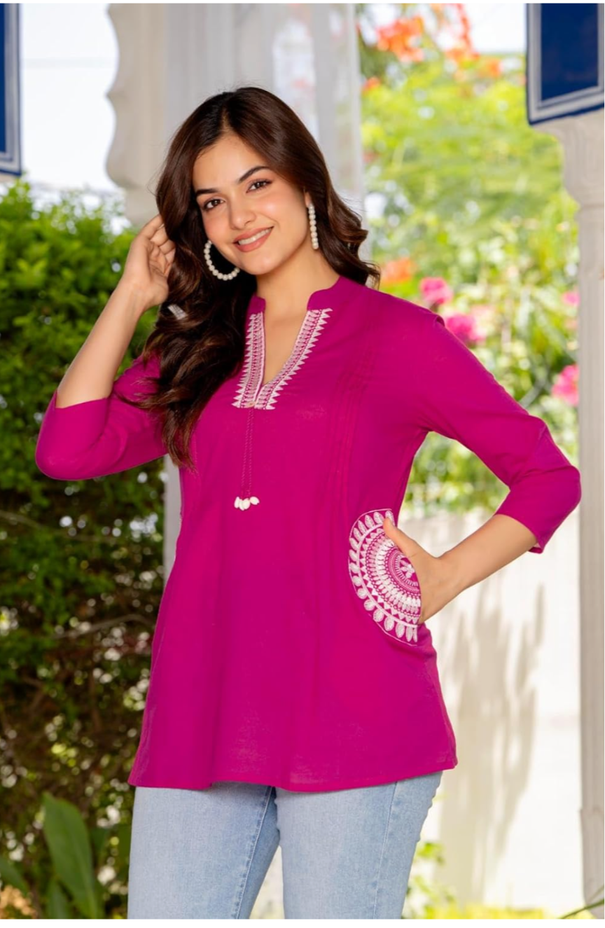 Women's Cotton Kurti, Pink, Embroidered Neckline with Tassel Detail, 3/4 Sleeves