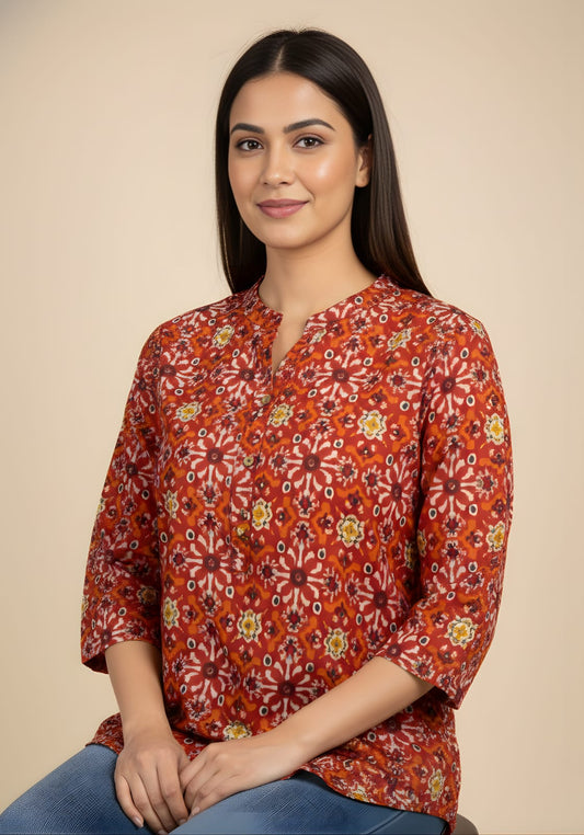 Rust Orange Cotton Kurti Style Top for Women | Ethnic Printed Smart Casual Top
