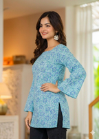 Floral Block Print Square Neck Tunic with Bell Sleeves – Sky Blue