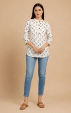 Off White Cotton Printed Top for Women