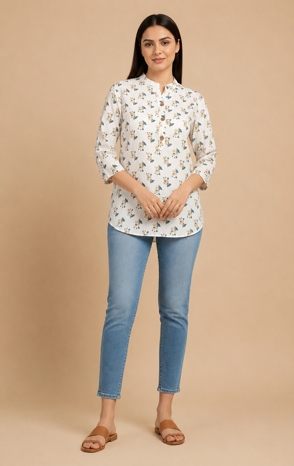 Off White Cotton Printed Top for Women