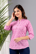 Pink Cotton Printed Top for Women | Casual 3/4 Sleeve College Wear Top