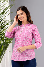 Pink Cotton Printed Top for Women | Casual 3/4 Sleeve College Wear Top