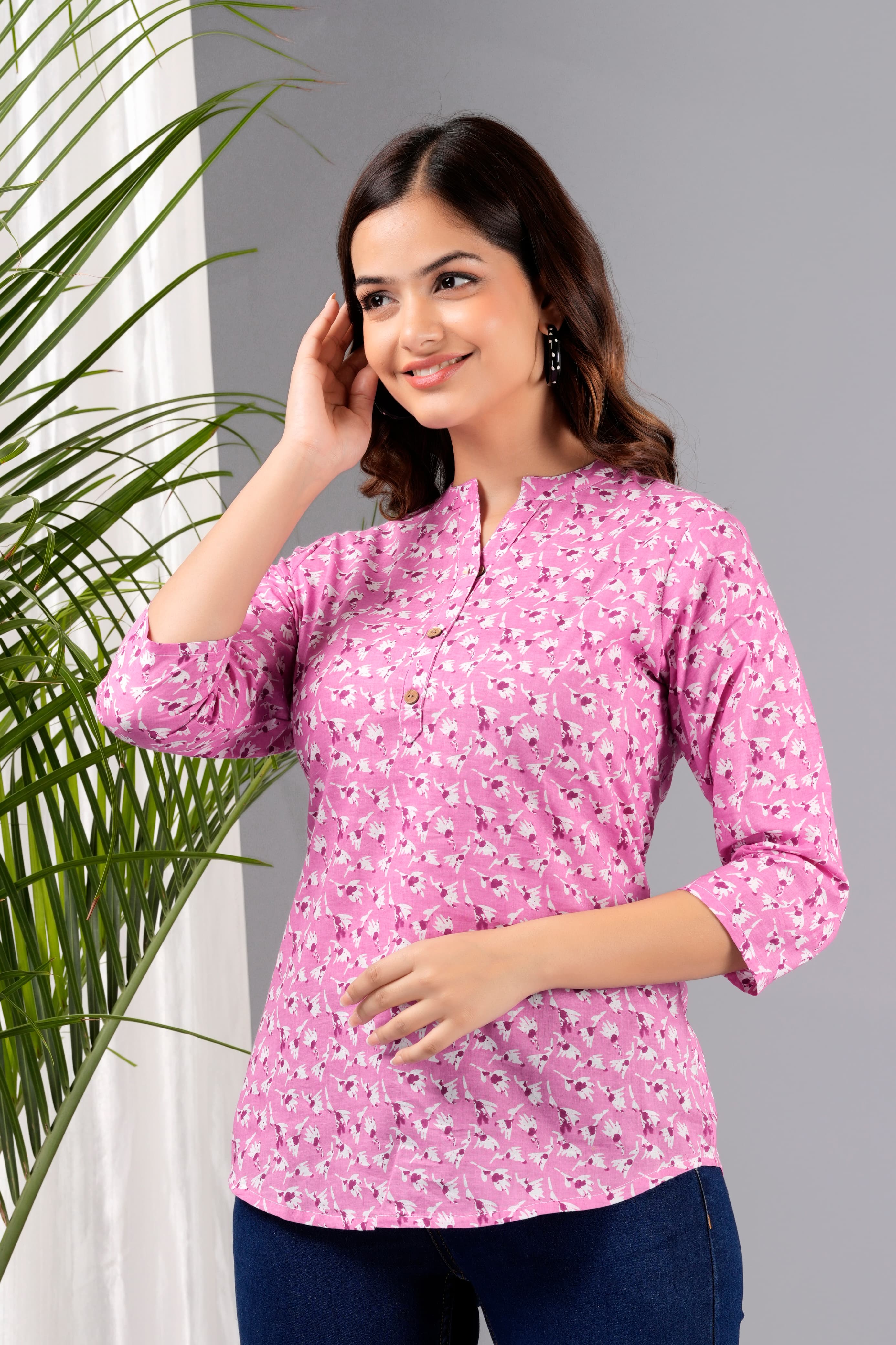 Pink Cotton Printed Top for Women | Casual 3/4 Sleeve College Wear Top