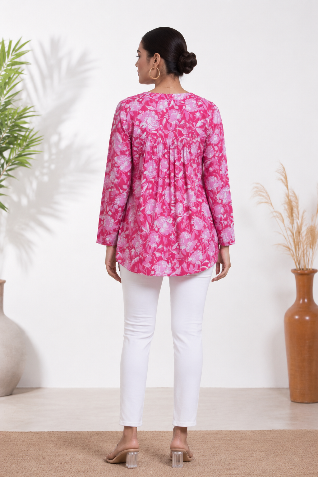 Pink Floral Cotton Top for Women | V-Neck Casual College Wear Top