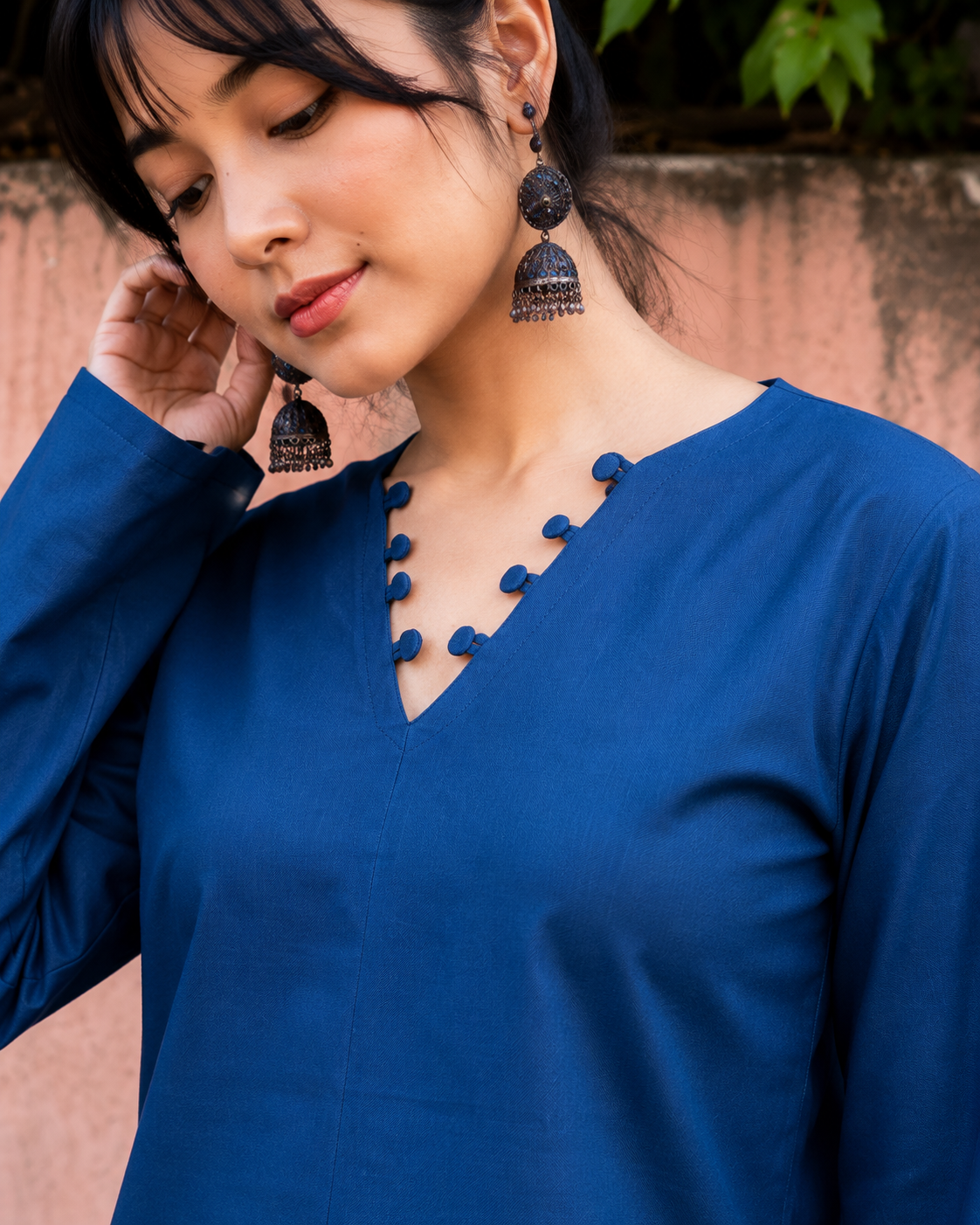 Women's Blue 💙 V-Neck Ethnic Top | Casual Solid Cotton Kurti with Loop-Trim Border