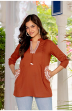 Women's Cotton Kurti, Rust, Embroidered Neckline with Tassel Detail, 3/4 Sleeves
