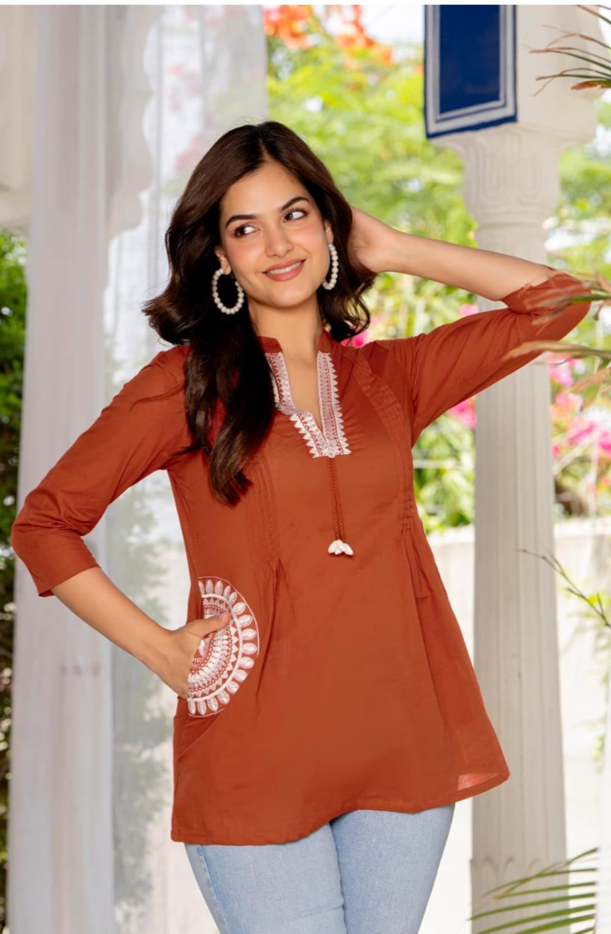 Women's Cotton Kurti, Rust, Embroidered Neckline with Tassel Detail, 3/4 Sleeves