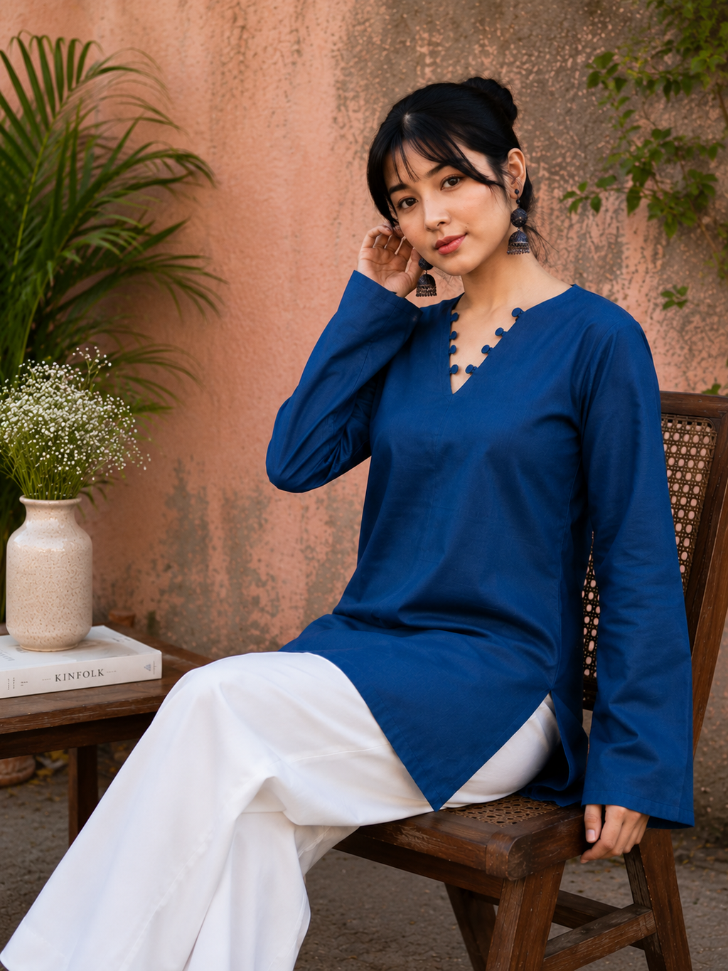 Women's Blue 💙 V-Neck Ethnic Top | Casual Solid Cotton Kurti with Loop-Trim Border