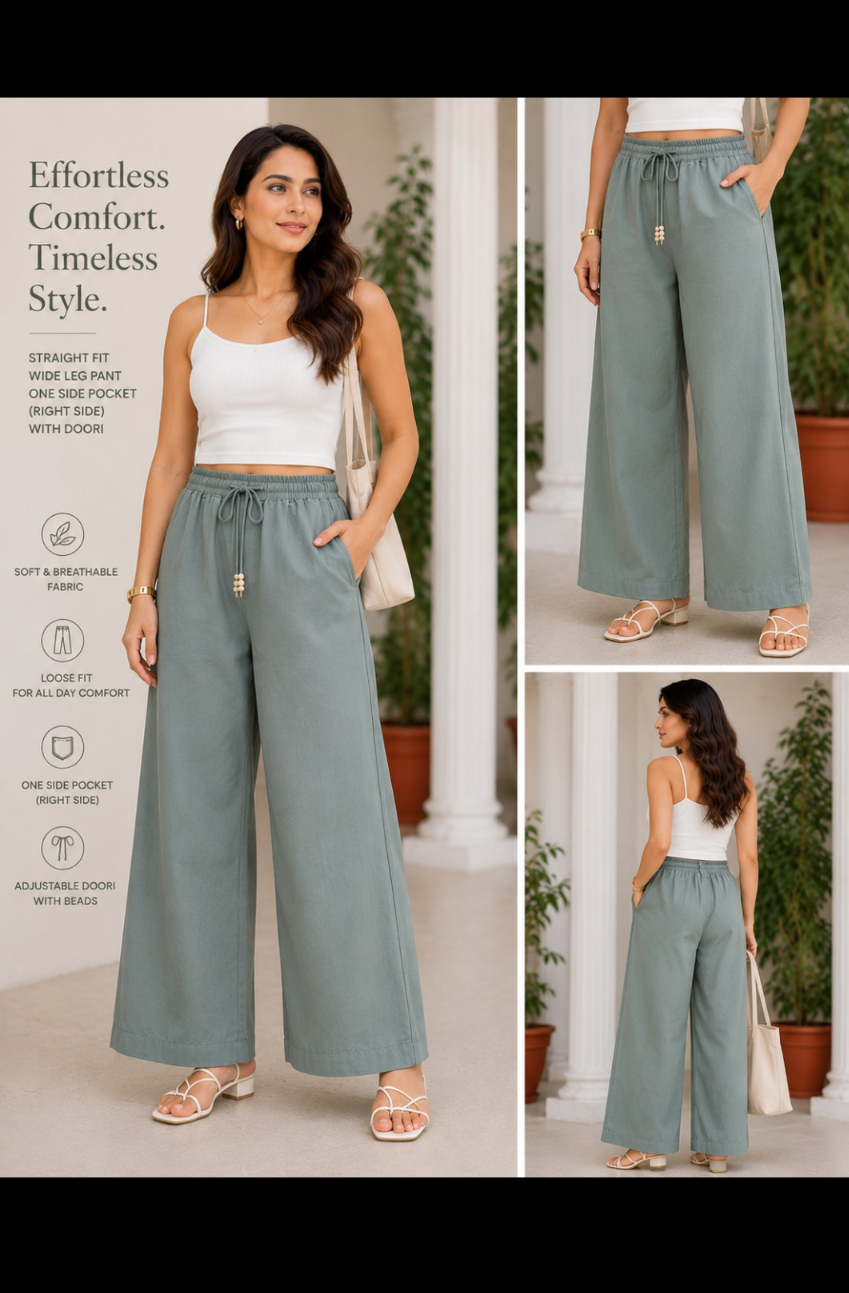 Rakoon Women's pure Cotton Straight Fit Wide Leg Pants | Loose Fit Palazzo Trousers with Adjustable Doori & Right Side Pocket