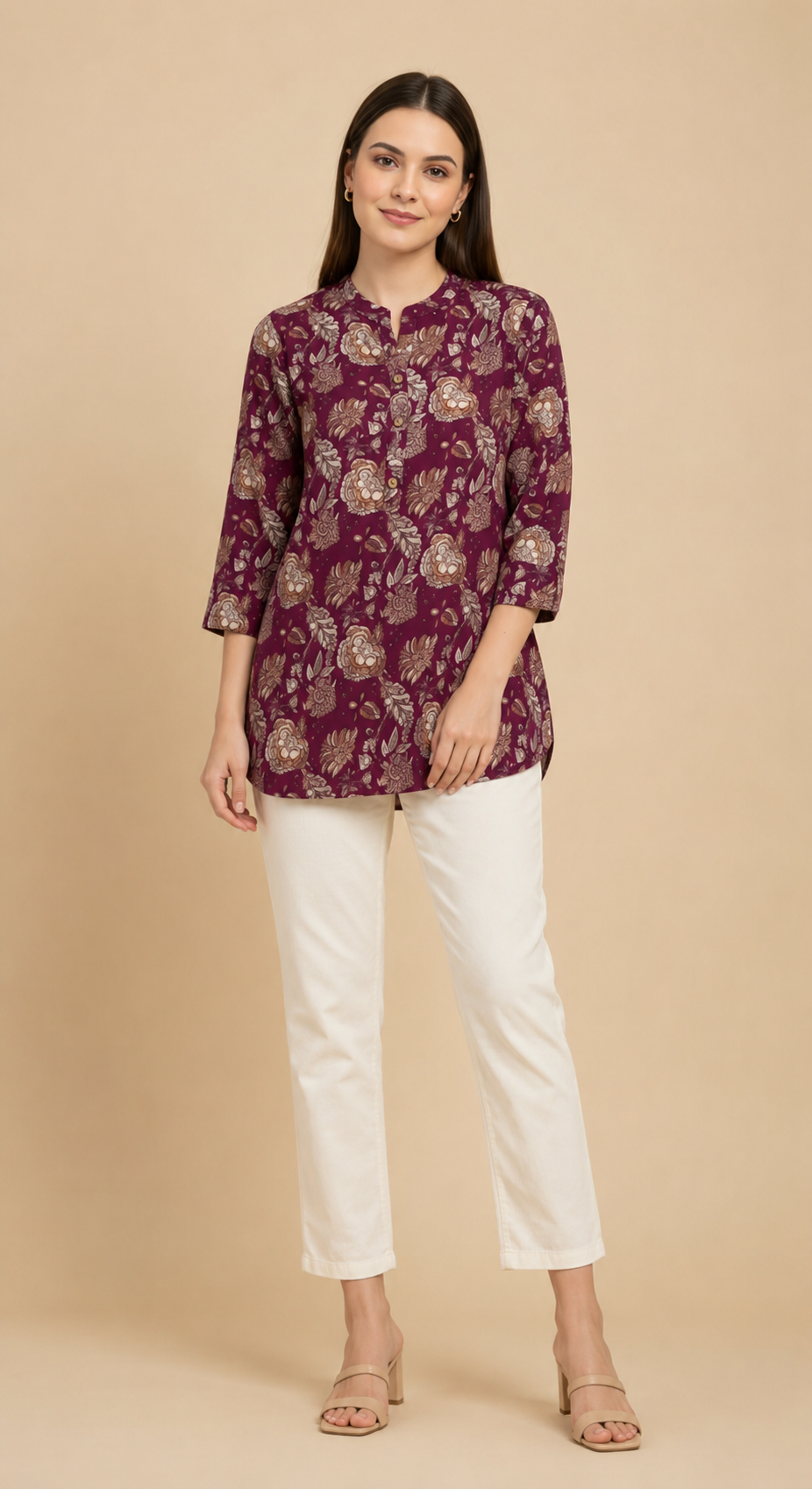 Wine Floral Cotton Top for Women | Casual 3/4 Sleeve