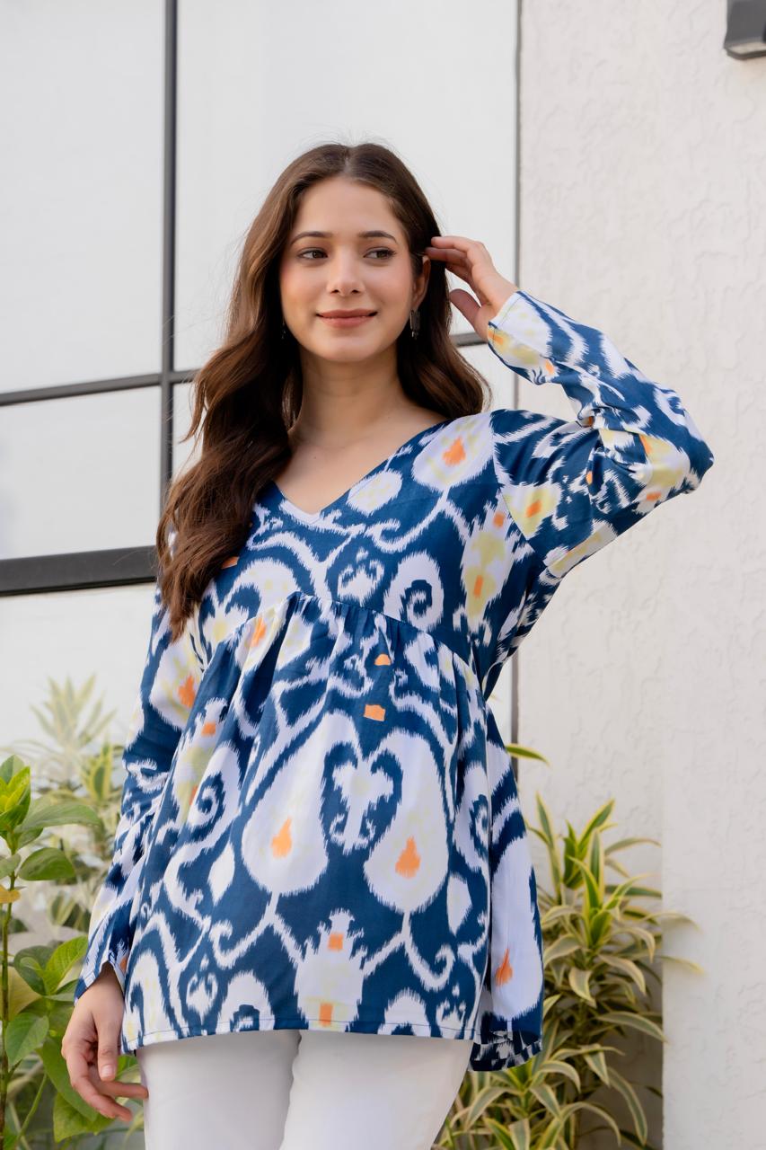 Blue Ikat Printed Cotton Top for Women | Stylish V-Neck Casual College Wear Top