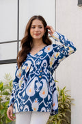 Blue Ikat Printed Cotton Top for Women | Stylish V-Neck Casual College Wear Top