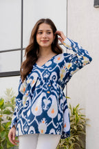 Blue Ikat Printed Cotton Top for Women | Stylish V-Neck Casual College Wear Top