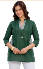 Women's Cotton Kurti, Green, Embroidered Neckline with Tassel Detail, 3/4 Sleeves