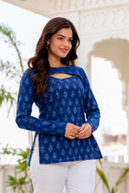 Women’s Navy Blue Printed Cut-Out ( Covertable) Neck Top | Full Sleeves Casual & Office Wear Top
