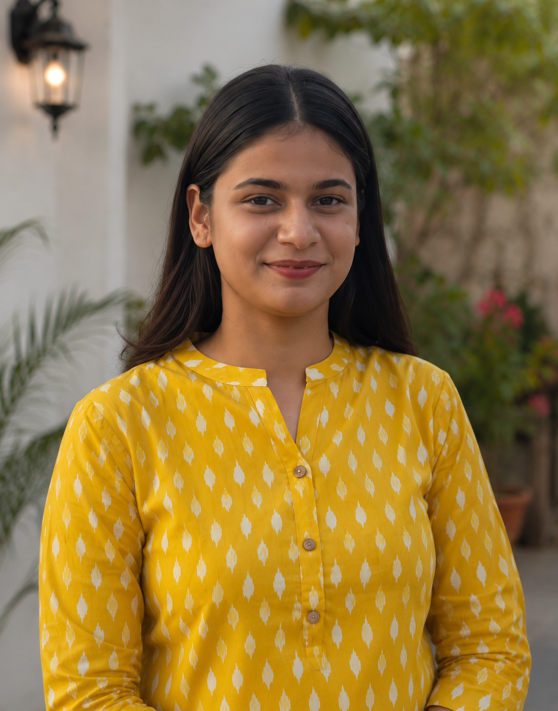 Women's Mustard Yellow Ikat Printed Cotton Short Kurti Top