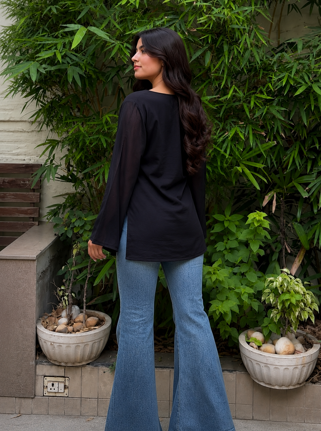 Women’s Black Bell Sleeve Tunic Top | V-Neck Casual Long Top for Women