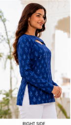 Women’s Navy Blue Printed Cut-Out ( Covertable) Neck Top | Full Sleeves Casual & Office Wear Top