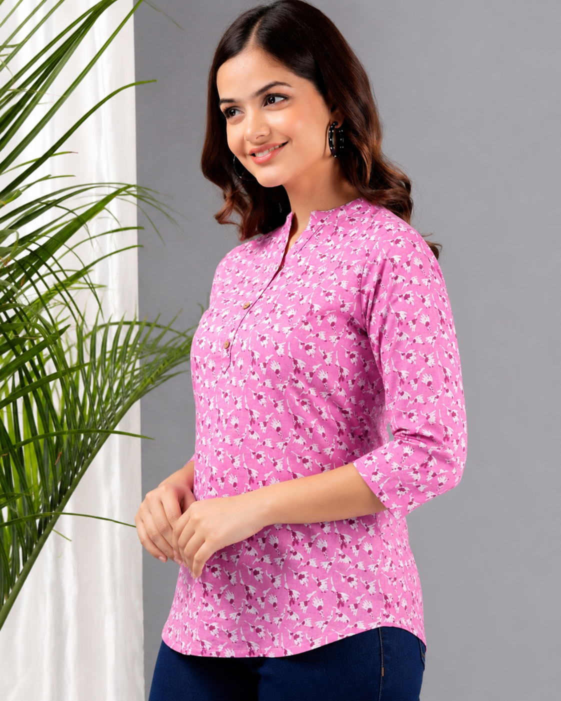 Pink Cotton Printed Top for Women | Casual 3/4 Sleeve College Wear Top