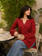 Premium Maroon V-Neck Bell Sleeve Cotton Top for Women – Elegant Casual Wear