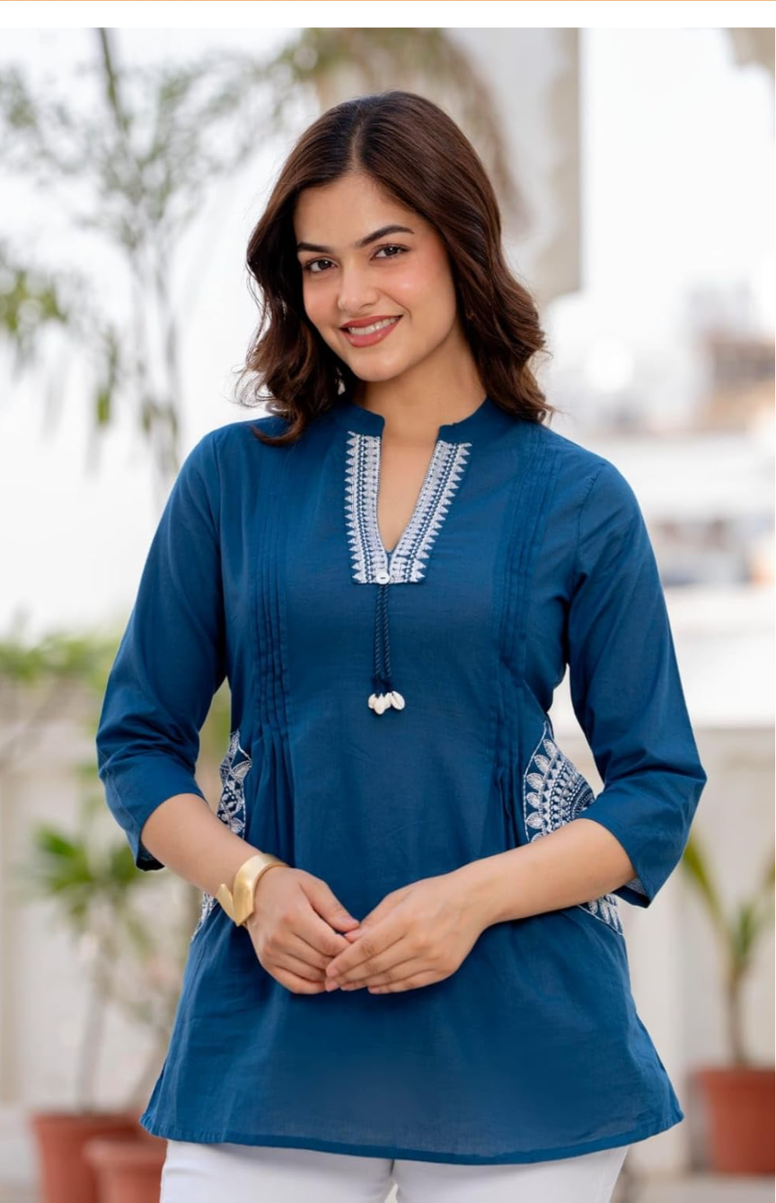 Women's Cotton Kurti, Blue, Embroidered Neckline with Tassel Detail, 3/4 Sleeves