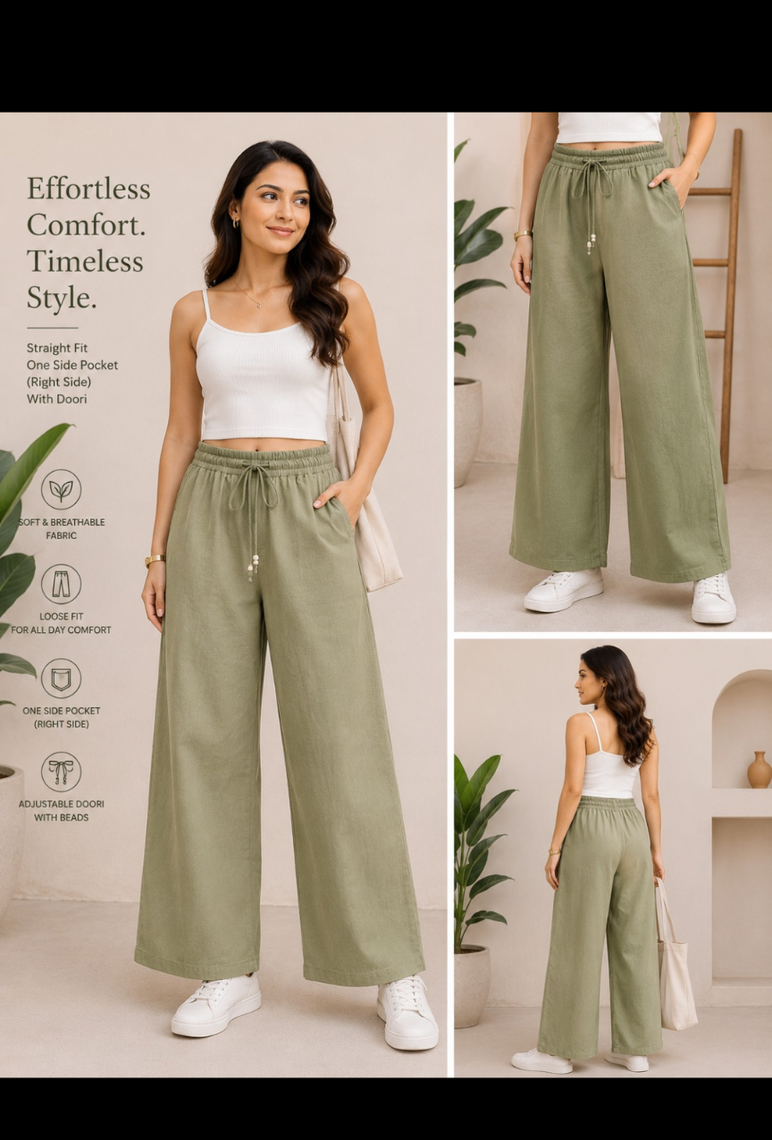 Rakoon Women's pure Cotton  Straight Fit Wide Leg Trousers | Loose Fit Palazzo Pants with Adjustable Doori & Right Side Pocket