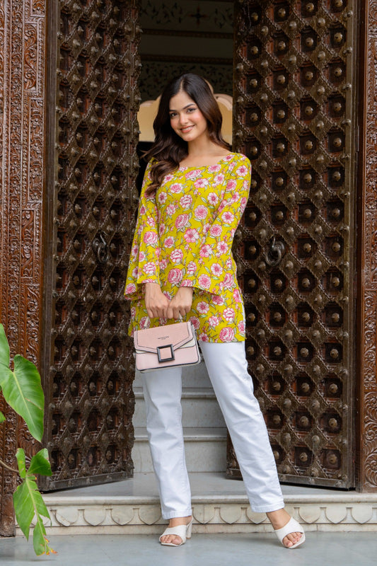 Sunshine Yellow Floral Cotton Top for Women | Statement Festive Casual Top