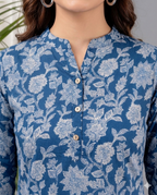 Indigo Blue Floral Cotton Top for Women | Casual 3/4 Sleeve College Wear Top