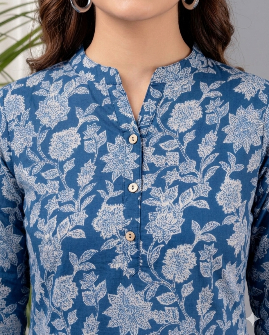 Indigo Blue Floral Cotton Top for Women | Casual 3/4 Sleeve College Wear Top