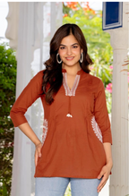 Women's Cotton Kurti, Rust, Embroidered Neckline with Tassel Detail, 3/4 Sleeves