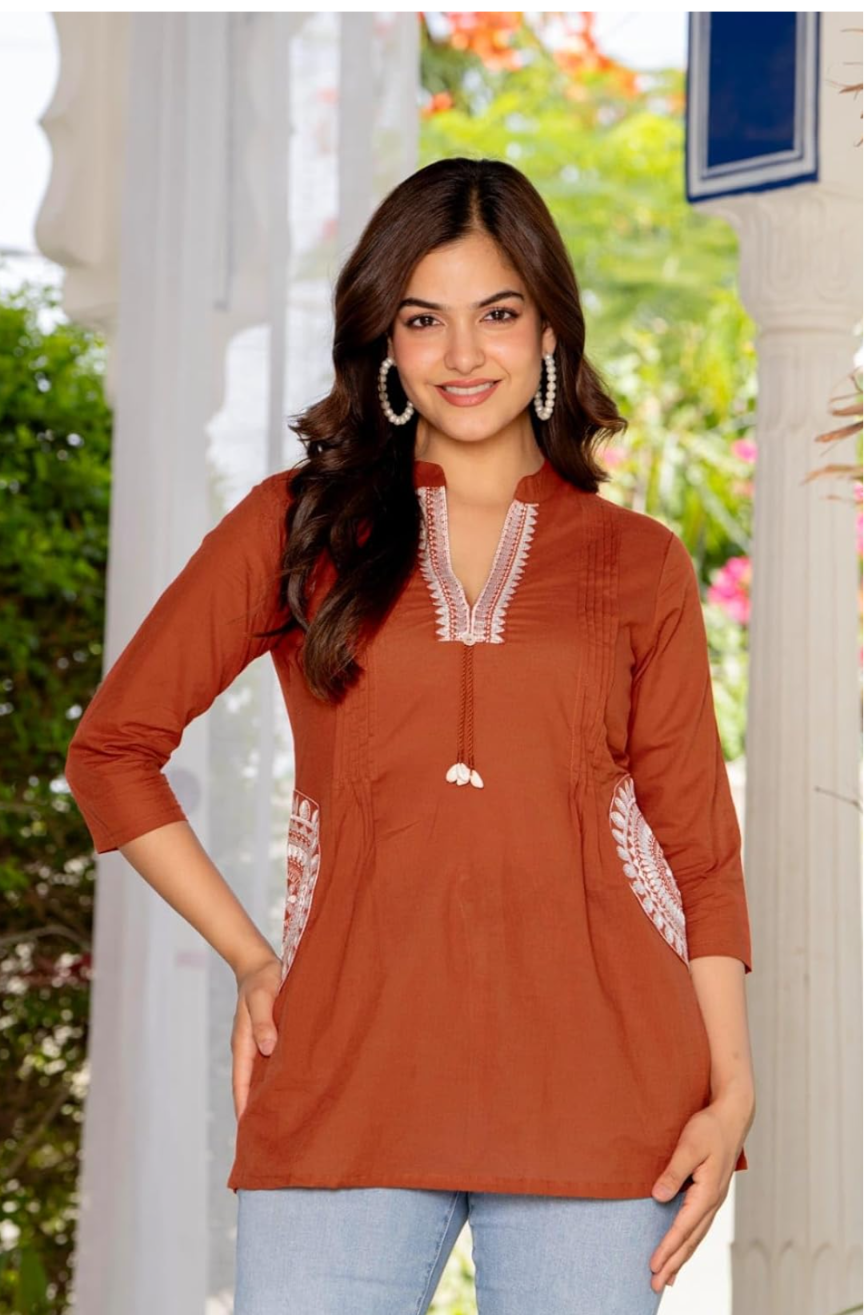 Women's Cotton Kurti, Rust, Embroidered Neckline with Tassel Detail, 3/4 Sleeves