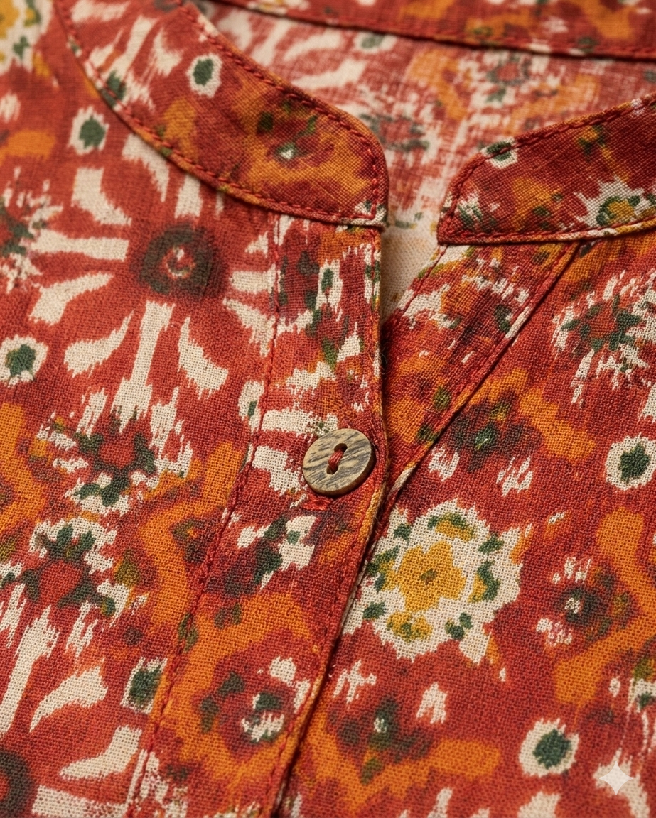 Rust Orange Cotton Kurti Style Top for Women | Ethnic Printed Smart Casual Top