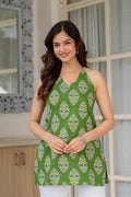 Green Cotton Printed Halter Neck Top for Women | Stylish Summer Casual Top