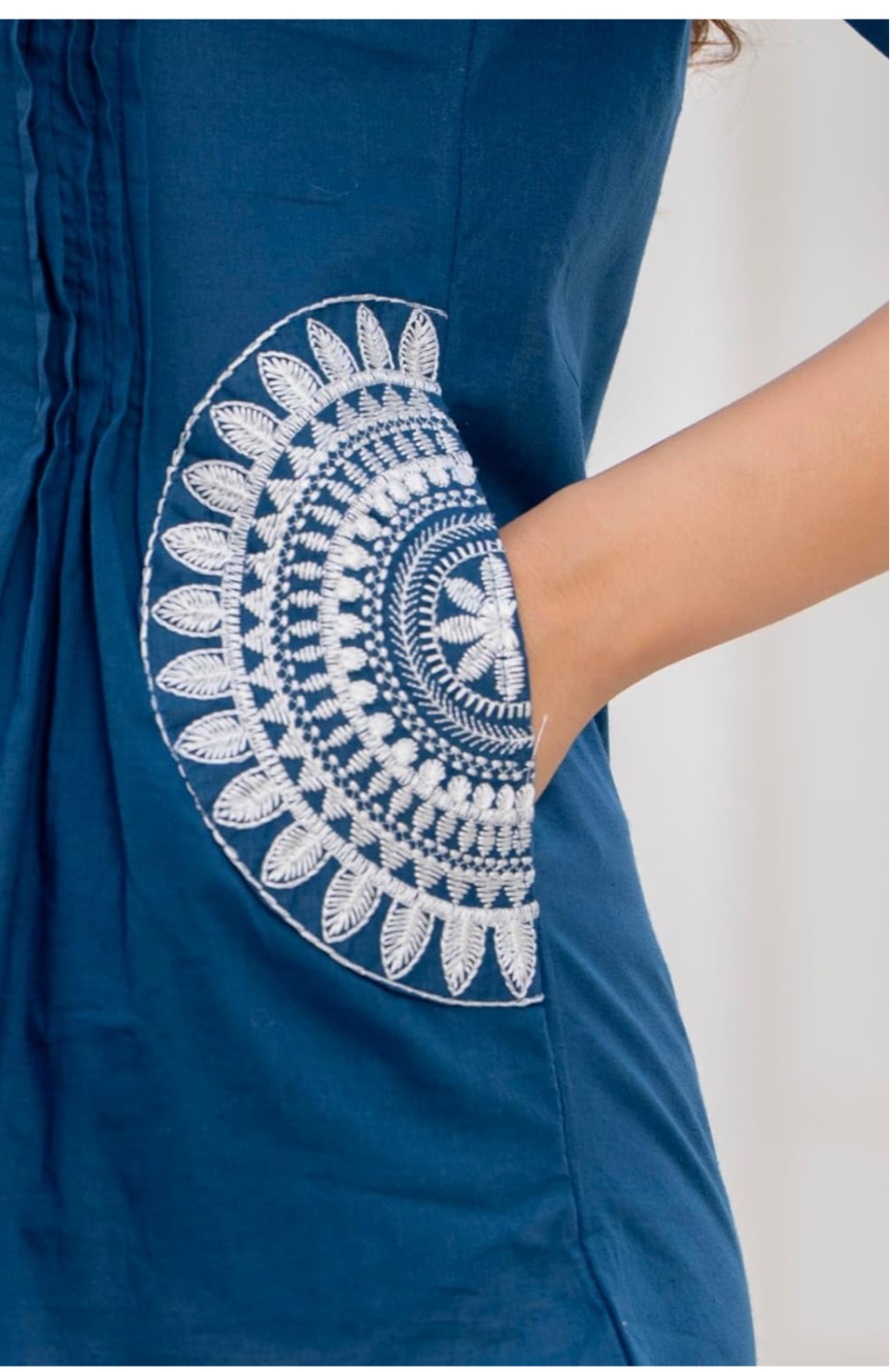 Women's Cotton Kurti, Blue, Embroidered Neckline with Tassel Detail, 3/4 Sleeves