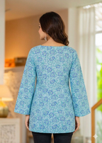 Floral Block Print Square Neck Tunic with Bell Sleeves – Sky Blue