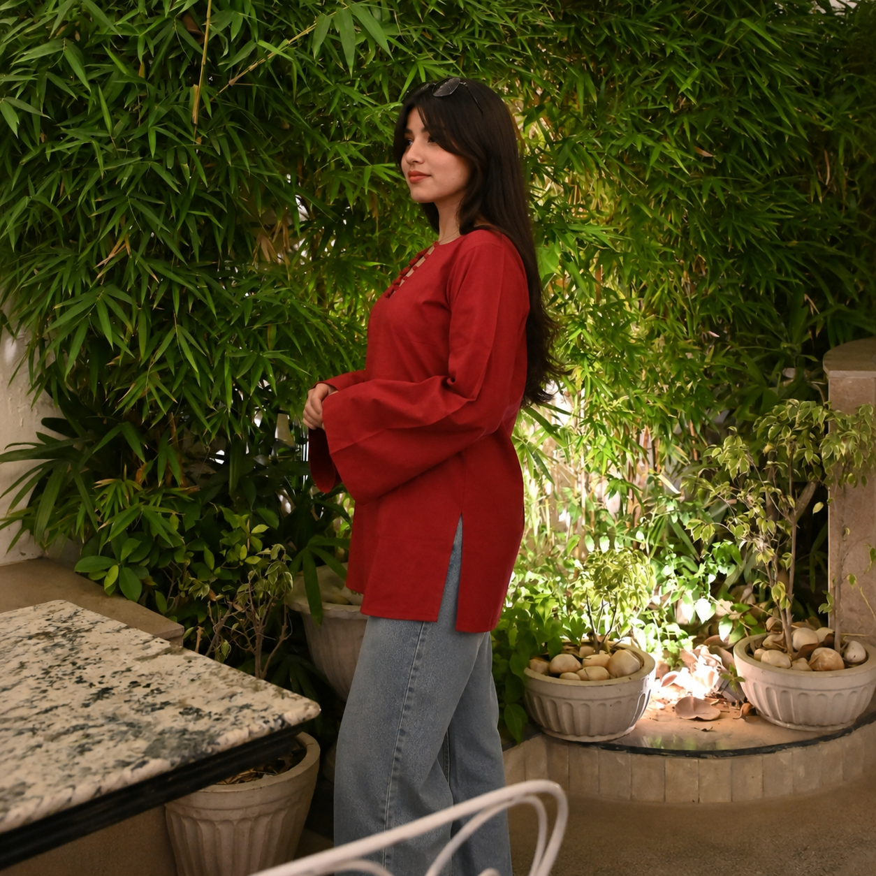 Premium Maroon V-Neck Bell Sleeve Cotton Top for Women – Elegant Casual Wear