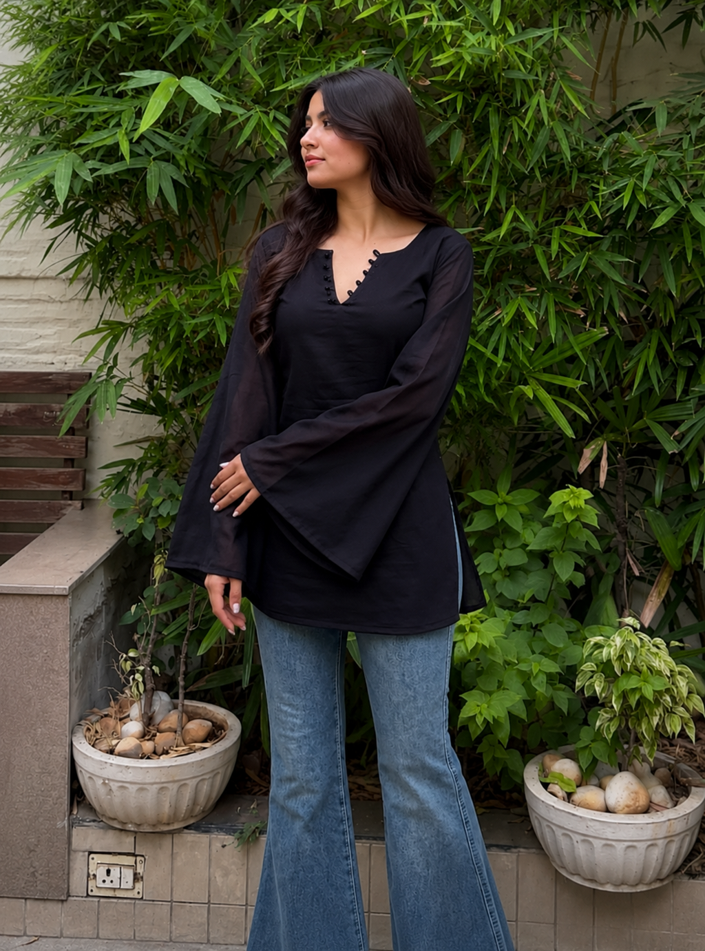 Women’s Black Bell Sleeve Tunic Top | V-Neck Casual Long Top for Women
