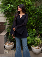 Women’s Black Bell Sleeve Tunic Top | V-Neck Casual Long Top for Women