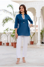 Women's Cotton Kurti, Blue, Embroidered Neckline with Tassel Detail, 3/4 Sleeves
