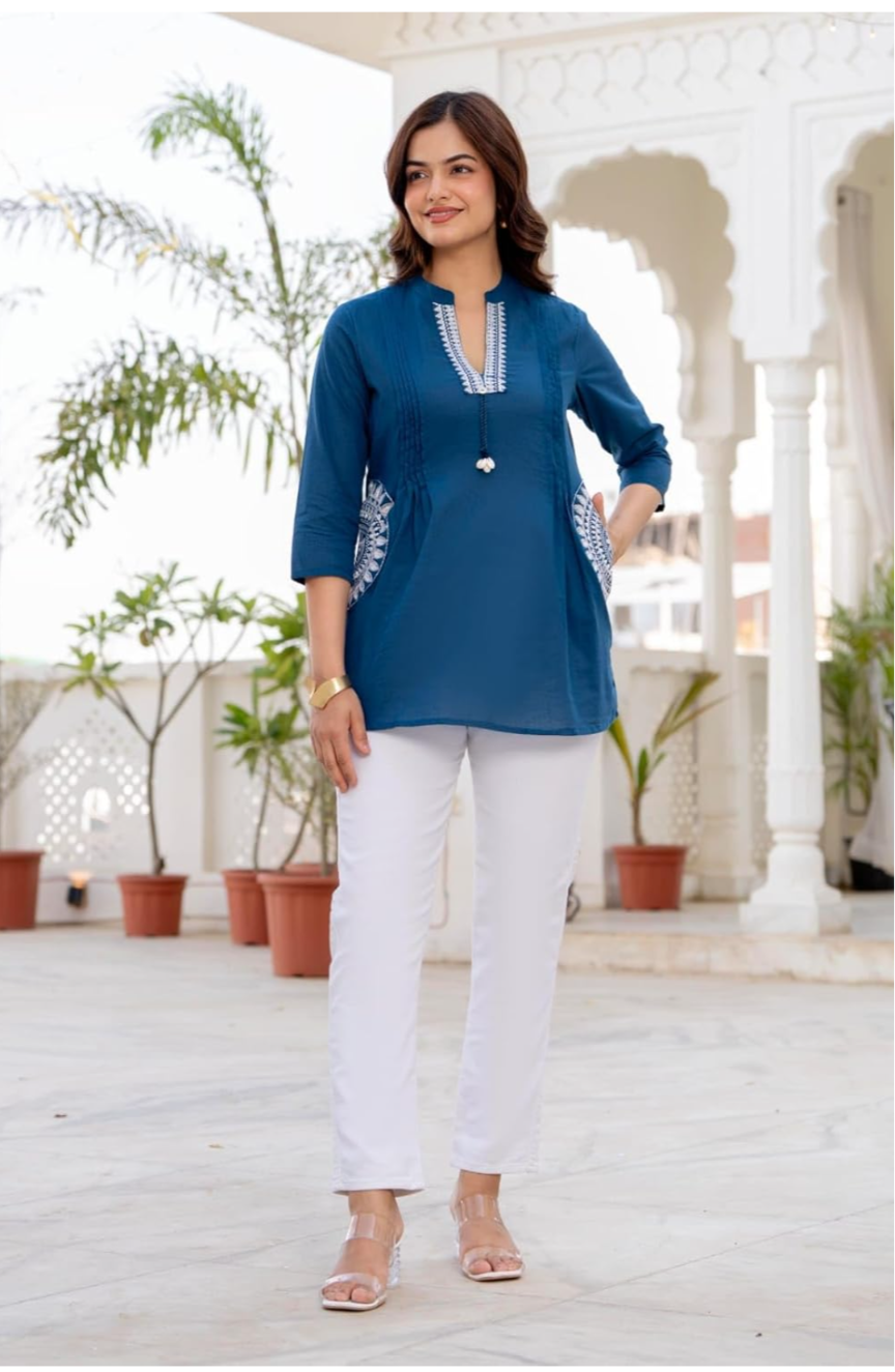Women's Cotton Kurti, Blue, Embroidered Neckline with Tassel Detail, 3/4 Sleeves