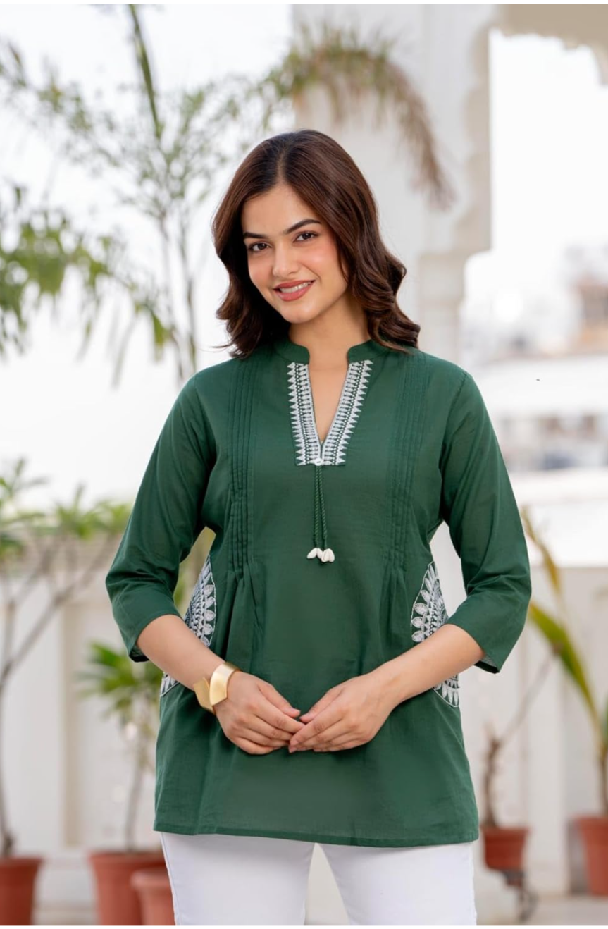 Women's Cotton Kurti, Green, Embroidered Neckline with Tassel Detail, 3/4 Sleeves