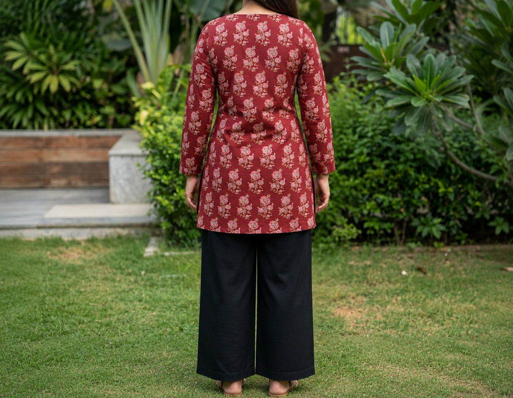 Premium Maroon Floral Printed Cotton Kurti Top ✨