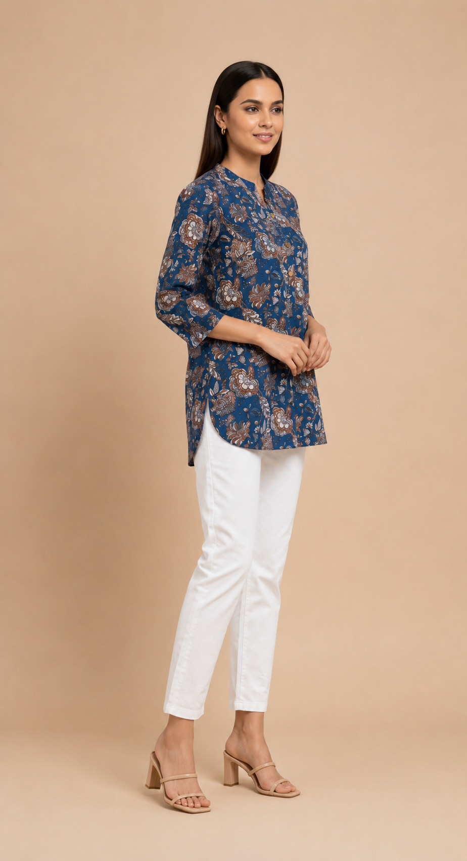 Steel Blue Floral Cotton Top for Women | Casual 3/4 Sleeve