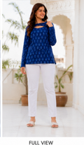 Women’s Navy Blue Printed Cut-Out ( Covertable) Neck Top | Full Sleeves Casual & Office Wear Top