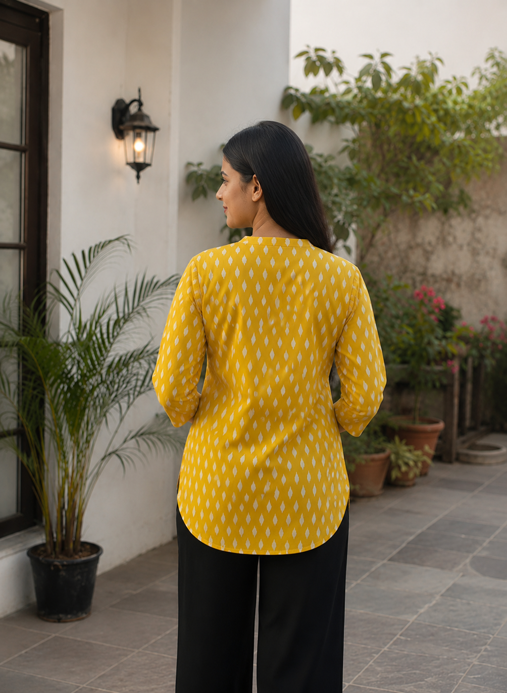 Women's Mustard Yellow Ikat Printed Cotton Short Kurti Top