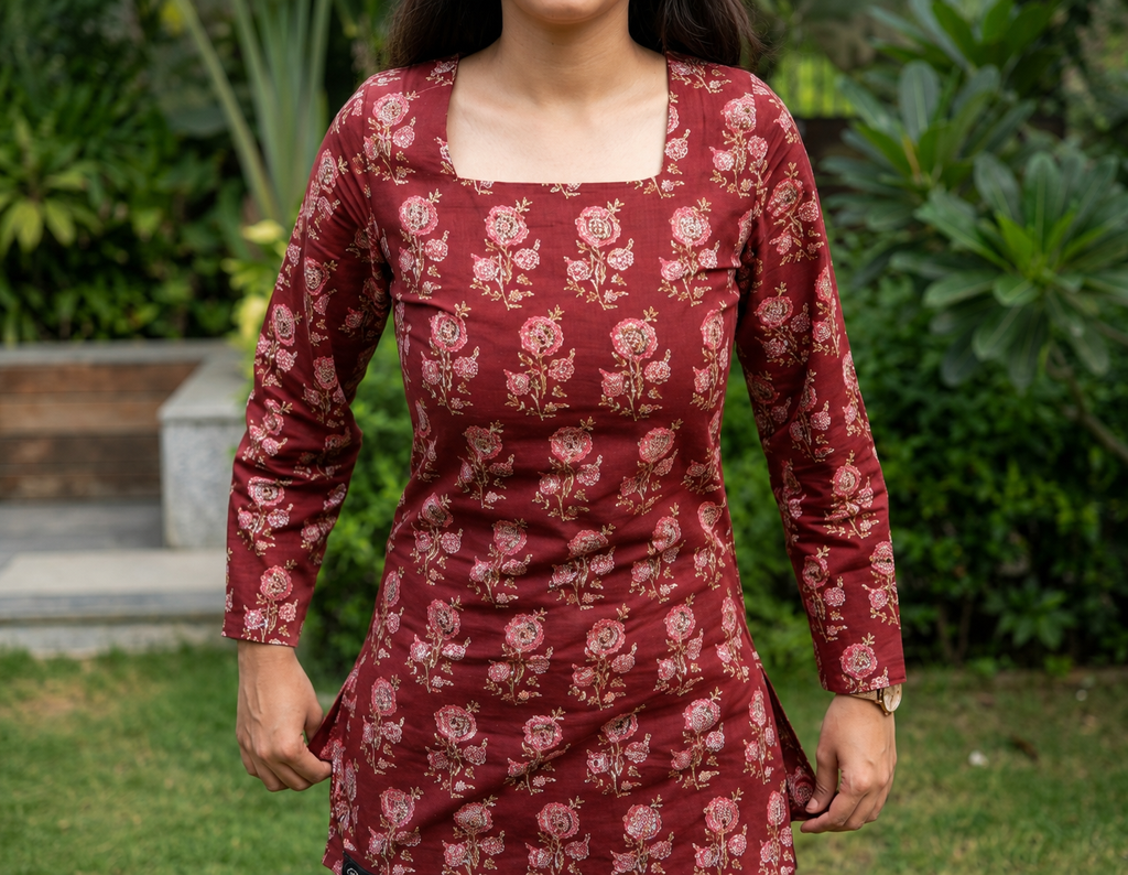 Premium Maroon Floral Printed Cotton Kurti Top ✨