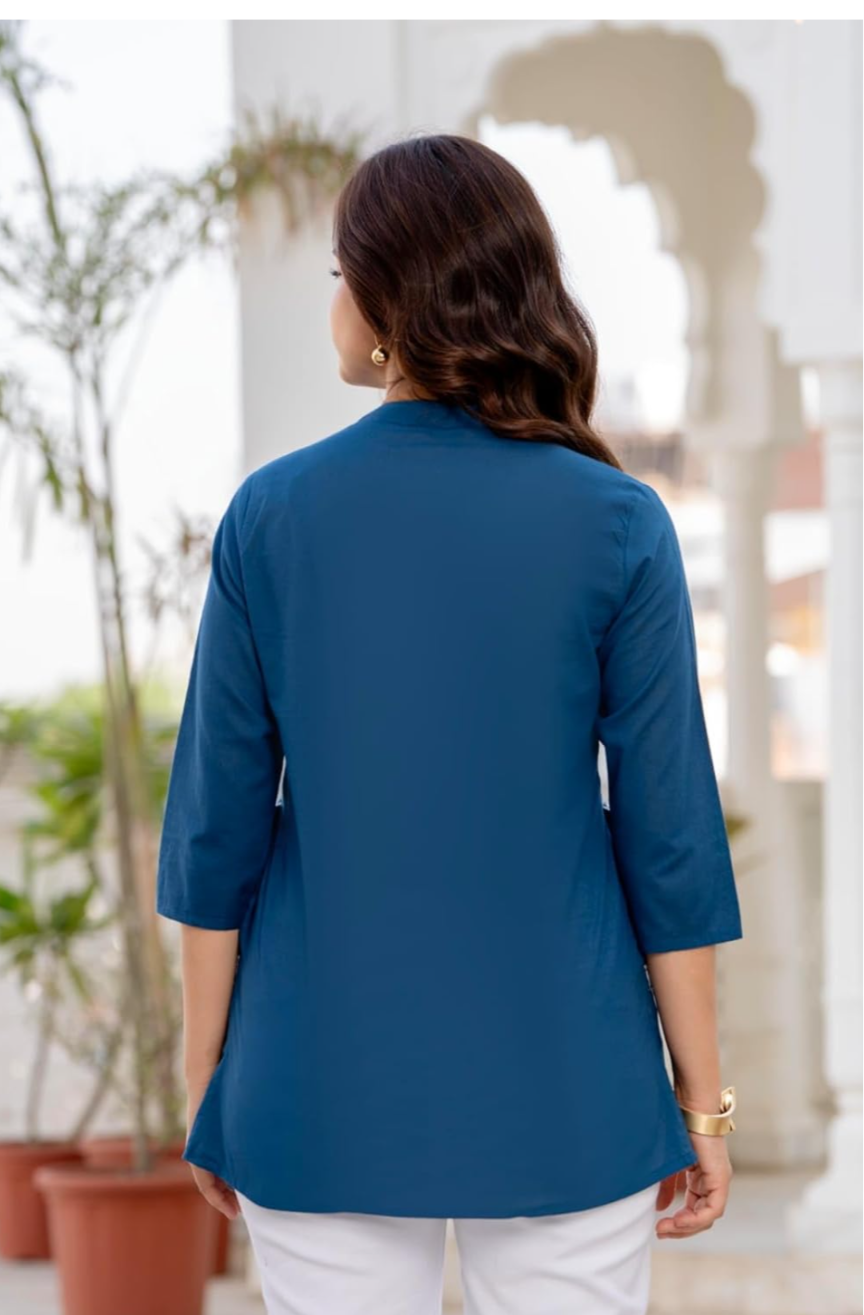 Women's Cotton Kurti, Blue, Embroidered Neckline with Tassel Detail, 3/4 Sleeves