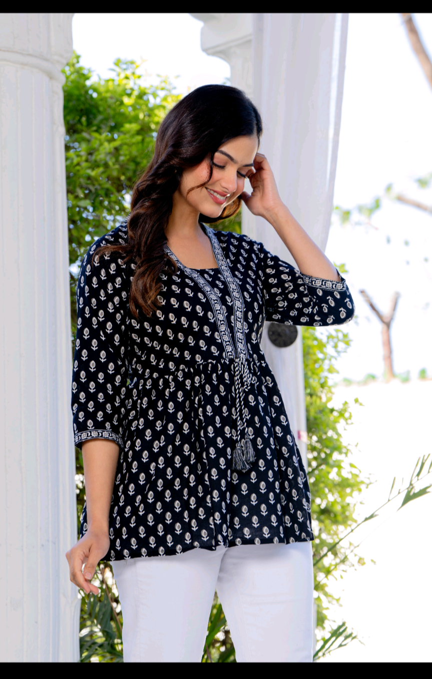 Stylish Black Printed Peplum Top for Women | Pure Cotton Casual & Office Wear Tunic Top