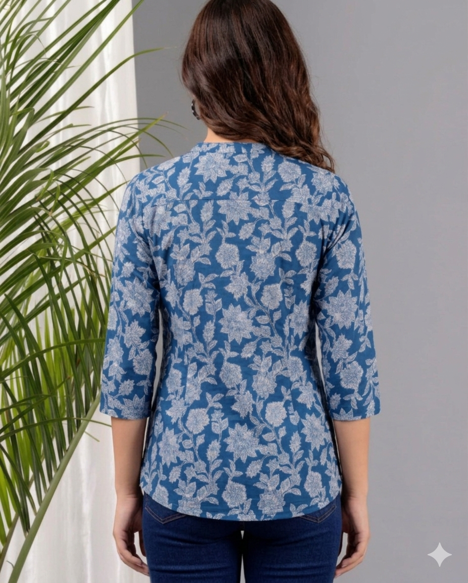 Indigo Blue Floral Cotton Top for Women | Casual 3/4 Sleeve College Wear Top